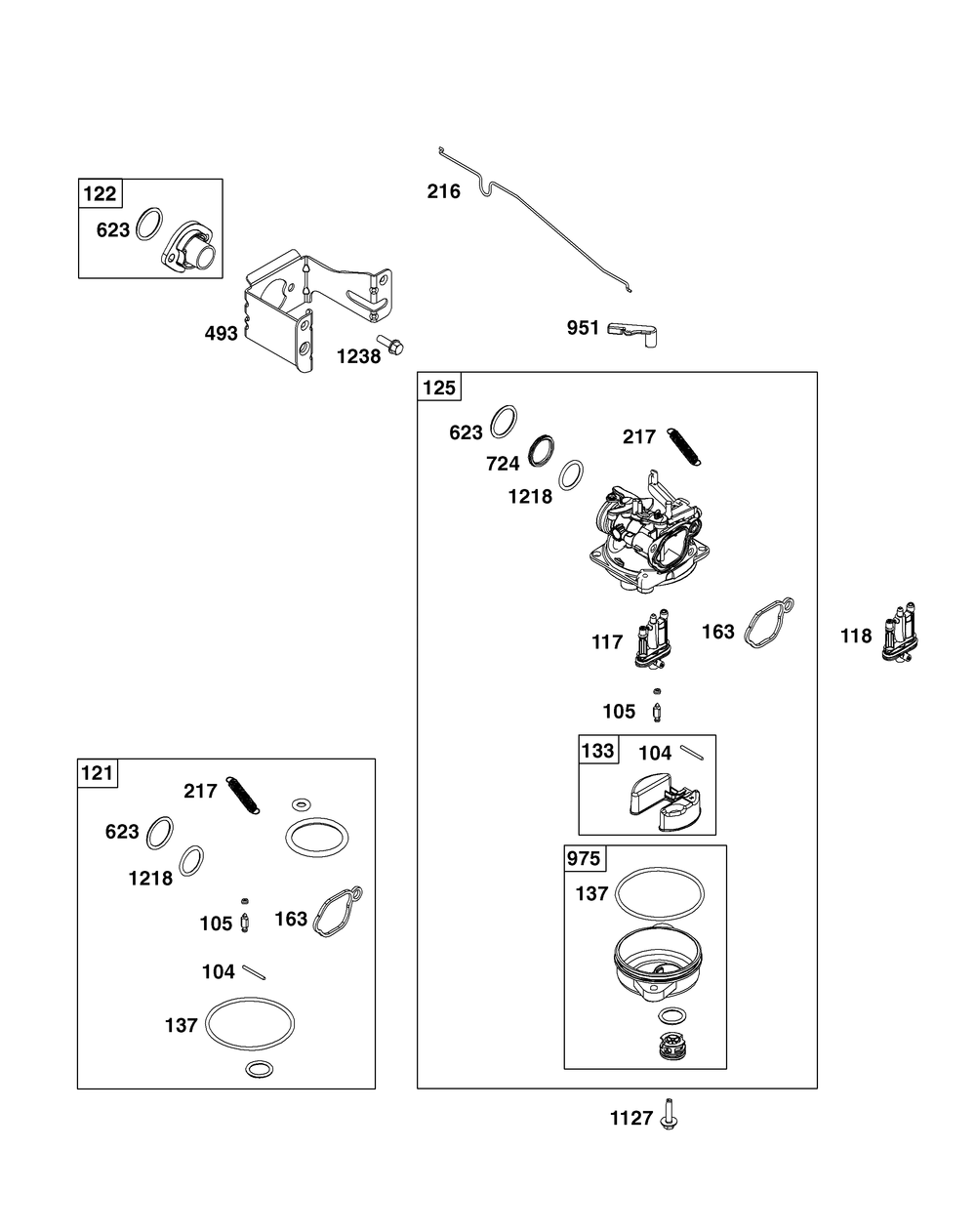 Carburetor Group Diagram and Parts List for 103M02-0114-F1 100000 - 19Z999 Briggs and Stratton Engine